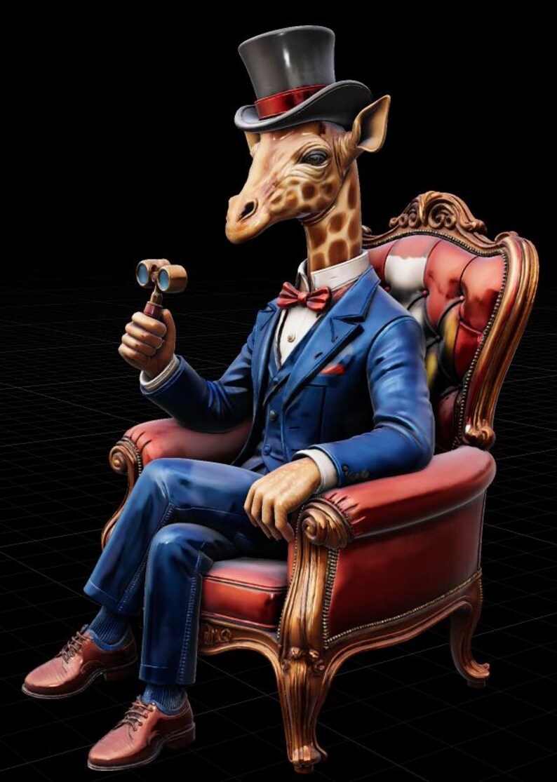 May include: A dapper giraffe figure wearing a blue suit, bow tie, and top hat, seated in a red leather armchair. The giraffe holds a pair of binoculars. The background is black.