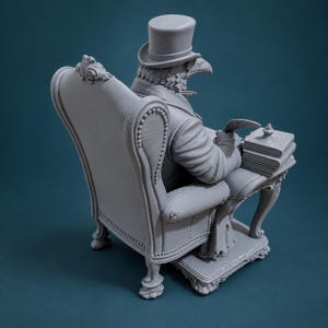 May include: A monochromatic grey 3D printed figurine of a bird-headed figure wearing a top hat and formal attire. The figure is seated in a tufted armchair at a small desk, holding a quill pen and resting a hand on a stack of books on the desk surface.