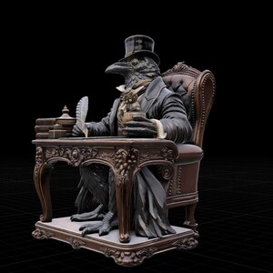 May include: A detailed figurine of a raven with a human-like body wearing a black top hat, a dark coat, and a cravat. The raven sits in a brown tufted chair at a carved wooden desk, holding a quill pen in one hand and a small cup in the other.