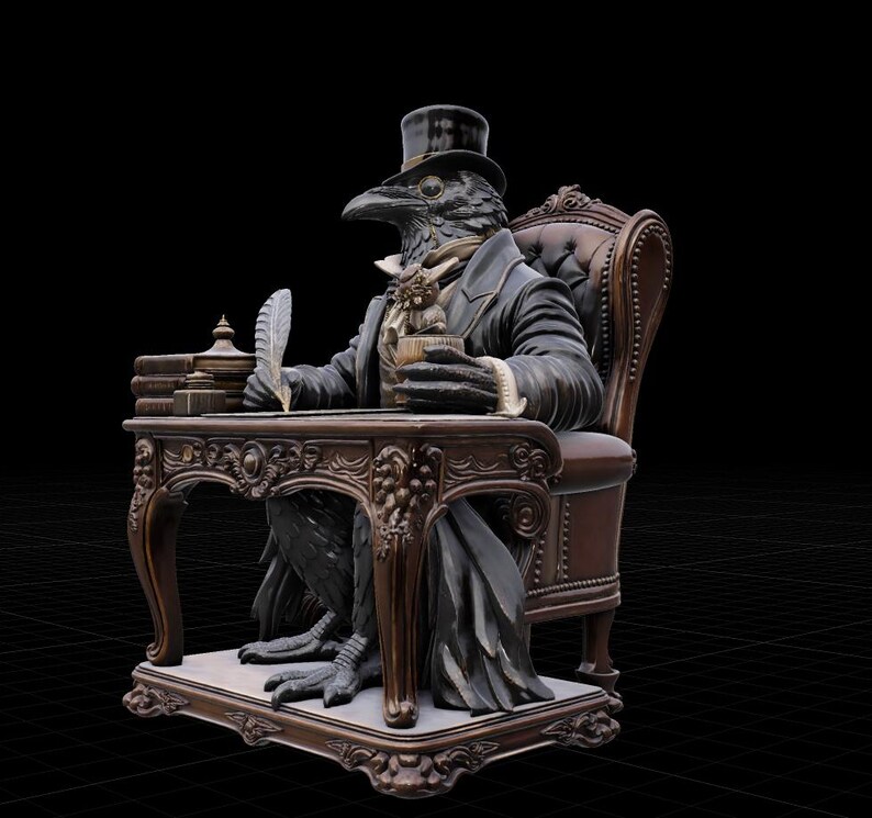 May include: A detailed figurine of a raven with a human-like body wearing a black top hat, a dark coat, and a cravat. The raven sits in a brown tufted chair at a carved wooden desk, holding a quill pen in one hand and a small cup in the other.