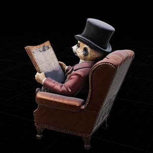 May include: A figurine of a meerkat wearing a black top hat and a maroon jacket, seated in a brown leather armchair with nailhead trim. The meerkat is holding an open book with visible text and illustrations, viewed from a side angle.