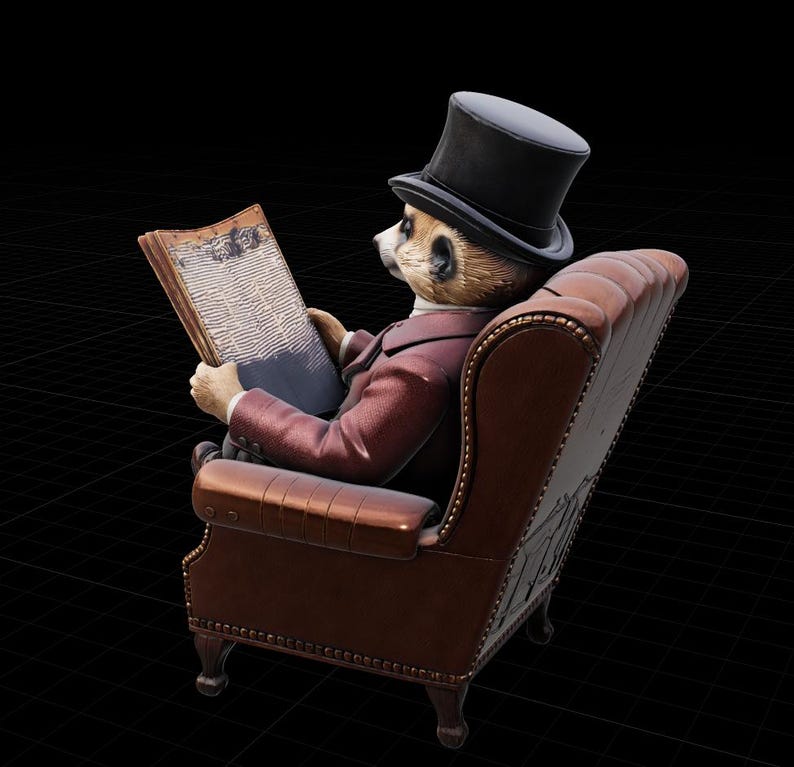 May include: A figurine of a meerkat wearing a black top hat and a maroon jacket, seated in a brown leather armchair with nailhead trim. The meerkat is holding an open book with visible text and illustrations, viewed from a side angle.