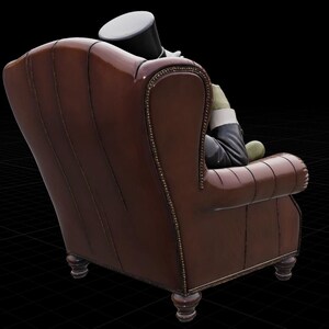 May include: A brown leather armchair with a high back and rolled arms. The chair has decorative nailhead trim and sits on four turned wooden legs. A figure in a suit and top hat is seated in the chair.