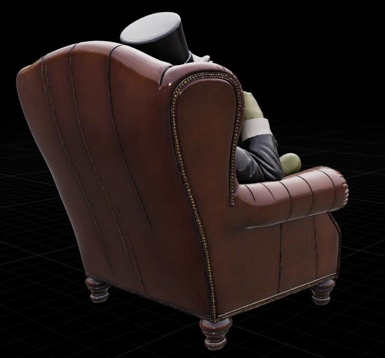 May include: A brown leather armchair with a high back and rolled arms. The chair has decorative nailhead trim and sits on four turned wooden legs. A figure in a suit and top hat is seated in the chair.