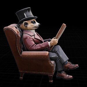 May include: A figurine of a meerkat wearing a black top hat and a maroon suit jacket, sitting in a brown leather armchair with nailhead trim. The meerkat is holding an open newspaper and wearing grey trousers with brown leather dress shoes.
