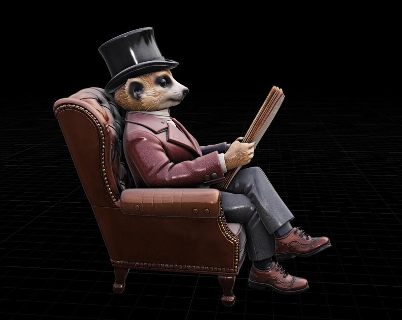 May include: A figurine of a meerkat wearing a black top hat and a maroon suit jacket, sitting in a brown leather armchair with nailhead trim. The meerkat is holding an open newspaper and wearing grey trousers with brown leather dress shoes.