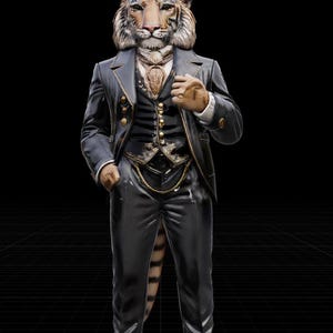 May include: A detailed sculpture of a tiger-headed figure in a black suit, vest, and top hat. The suit has gold accents, and the tiger's fur is detailed. The background is black with a grid pattern.