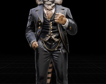 May include: A detailed sculpture of a tiger-headed figure in a black suit, vest, and top hat. The suit has gold accents, and the tiger's fur is detailed. The background is black with a grid pattern.