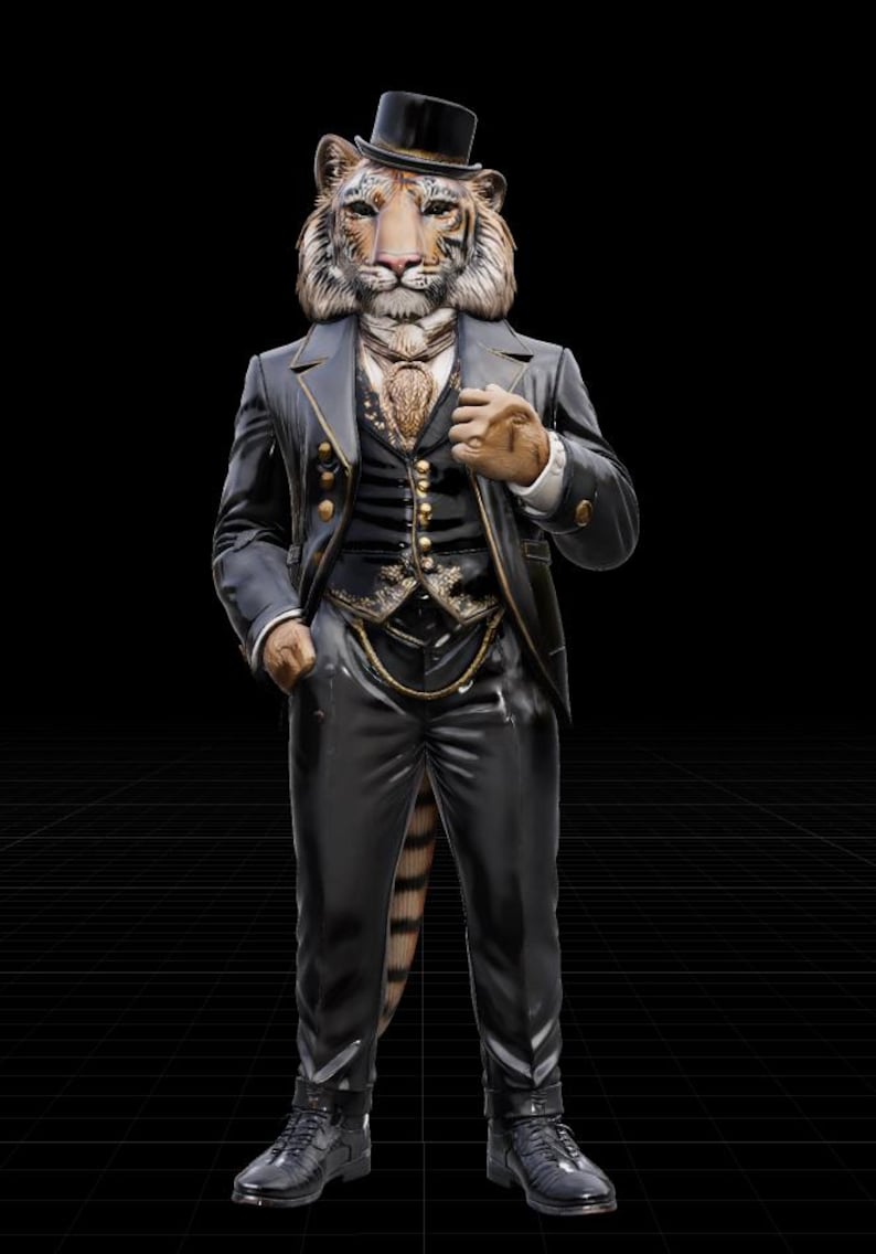 Peut inclure: Sculpture d&eacute;taill&eacute;e d'une figure &agrave; t&ecirc;te de tigre en costume noir, gilet et haut-de-forme. Le costume a des accents dor&eacute;s, et la fourrure du tigre est d&eacute;taill&eacute;e. Le fond est noir avec un motif quadrill&eacute;.