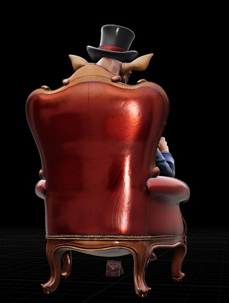 May include: A detailed view of a red leather armchair with ornate wooden legs and trim. A figure wearing a top hat and blue suit sits in the chair, viewed from the back. The background is black.