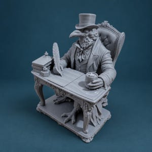 May include: A monochromatic grey resin figurine depicting an anthropomorphic raven wearing a top hat and formal Victorian-style clothing. The figure sits at an ornate desk, holding a quill pen over paper, with an inkwell and a small cup nearby.