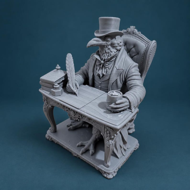 May include: A monochromatic grey resin figurine depicting an anthropomorphic raven wearing a top hat and formal Victorian-style clothing. The figure sits at an ornate desk, holding a quill pen over paper, with an inkwell and a small cup nearby.