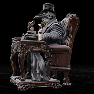 May include: A figurine of a bird-headed figure wearing a black top hat and a dark coat, seated in a brown tufted armchair. The figure rests its hands on a dark wooden desk with ornate carvings, holding a small round object with a decorative top.