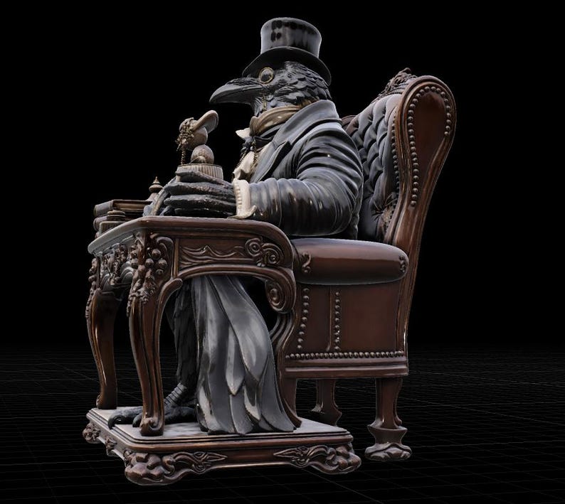 May include: A figurine of a bird-headed figure wearing a black top hat and a dark coat, seated in a brown tufted armchair. The figure rests its hands on a dark wooden desk with ornate carvings, holding a small round object with a decorative top.