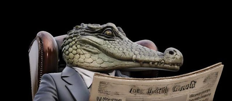 May include: A sculpture of an alligator head wearing a suit and reading a newspaper. The alligator is seated in a brown leather chair against a black background. The newspaper reads "The Watchful Herald".