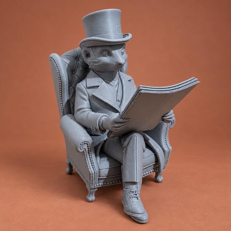 May include: A gray 3D printed figurine of an anthropomorphic meerkat wearing a top hat, a formal suit, and shoes, sitting in a tufted wingback chair while holding an open book. The figure features detailed textures on the clothing and chair.