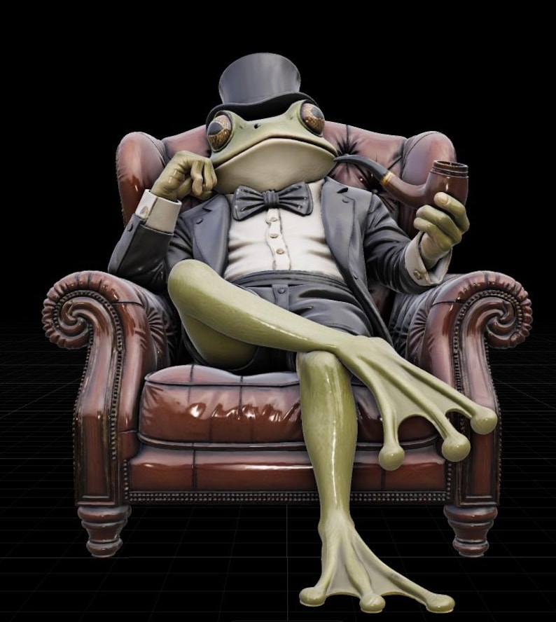 May include: A frog figure in a black suit, top hat, and bow tie, seated in a brown leather armchair. The frog is holding a pipe, with one leg crossed over the other. The background is black.