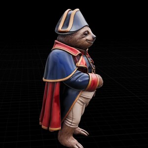May include: A figurine of a bear dressed in a blue and red military uniform with a matching hat. The bear is standing with its hands clasped in front, and the uniform has gold trim. The background is black.