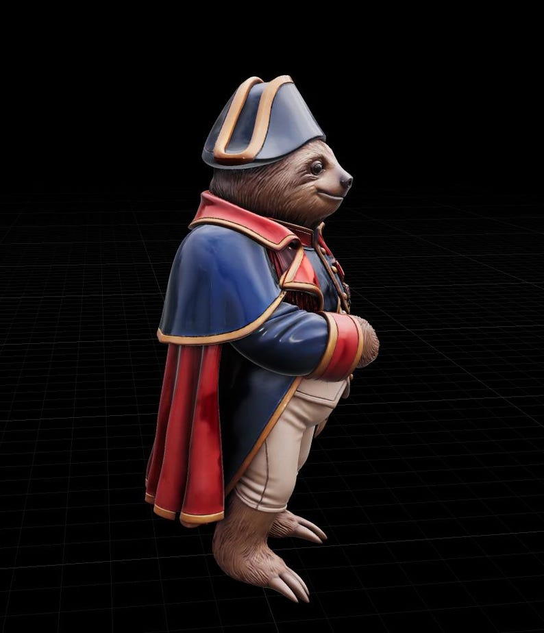 May include: A figurine of a bear dressed in a blue and red military uniform with a matching hat. The bear is standing with its hands clasped in front, and the uniform has gold trim. The background is black.