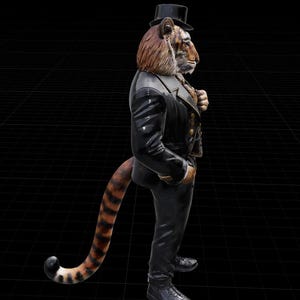 Peut inclure: Une sculpture fantaisiste d'une figure &agrave; t&ecirc;te de tigre en costume noir, chapeau haut de forme et chaussures. La fourrure du tigre est marron et orange, avec une queue ray&eacute;e. La figure se tient sur un fond de grille noire.