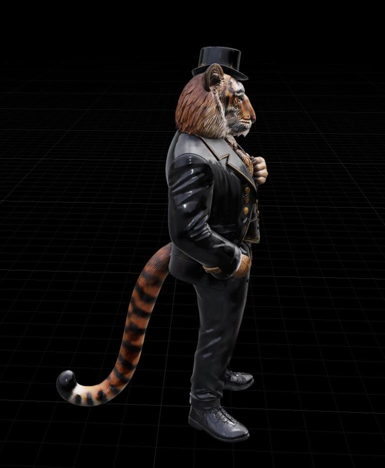 Peut inclure: Une sculpture fantaisiste d'une figure &agrave; t&ecirc;te de tigre en costume noir, chapeau haut de forme et chaussures. La fourrure du tigre est marron et orange, avec une queue ray&eacute;e. La figure se tient sur un fond de grille noire.