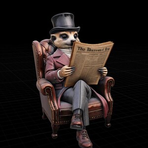 May include: A meerkat figurine wearing a black top hat, a maroon coat, and grey trousers, sitting in a brown leather armchair while holding a newspaper titled The Illustrated Ten. The figure wears brown lace-up shoes and has a white neck cravat.