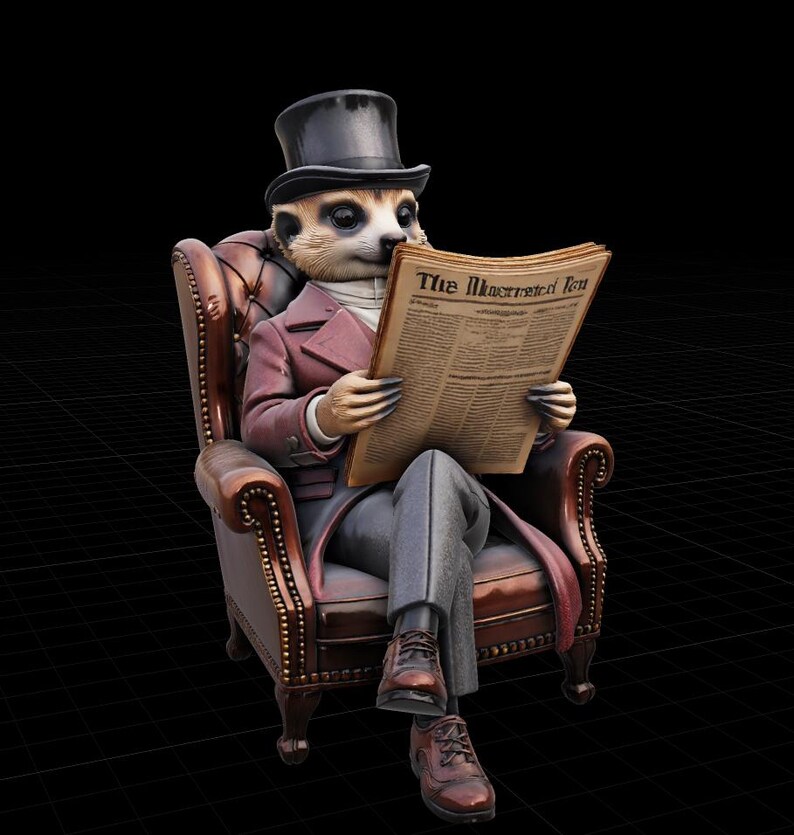 May include: A meerkat figurine wearing a black top hat, a maroon coat, and grey trousers, sitting in a brown leather armchair while holding a newspaper titled The Illustrated Ten. The figure wears brown lace-up shoes and has a white neck cravat.