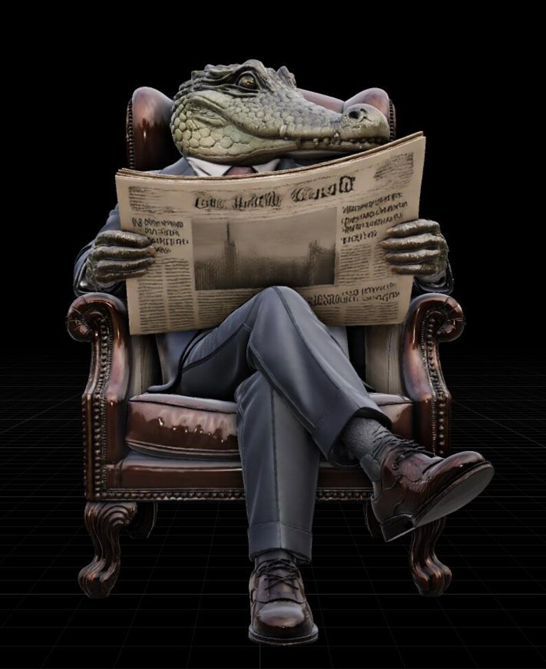 May include: A sculpture of an alligator-headed figure in a suit, seated in a brown leather armchair, reading a newspaper. The figure's legs are crossed, and it wears brown dress shoes. The newspaper's headline reads "The World".