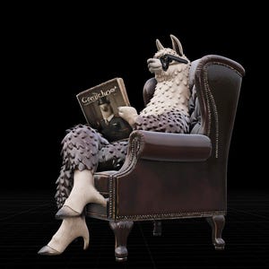 May include: A whimsical sculpture of a llama wearing glasses, seated in a brown leather armchair, reading a magazine titled "Gentlechoo". The llama has a white and brown spotted body and is set against a black background.