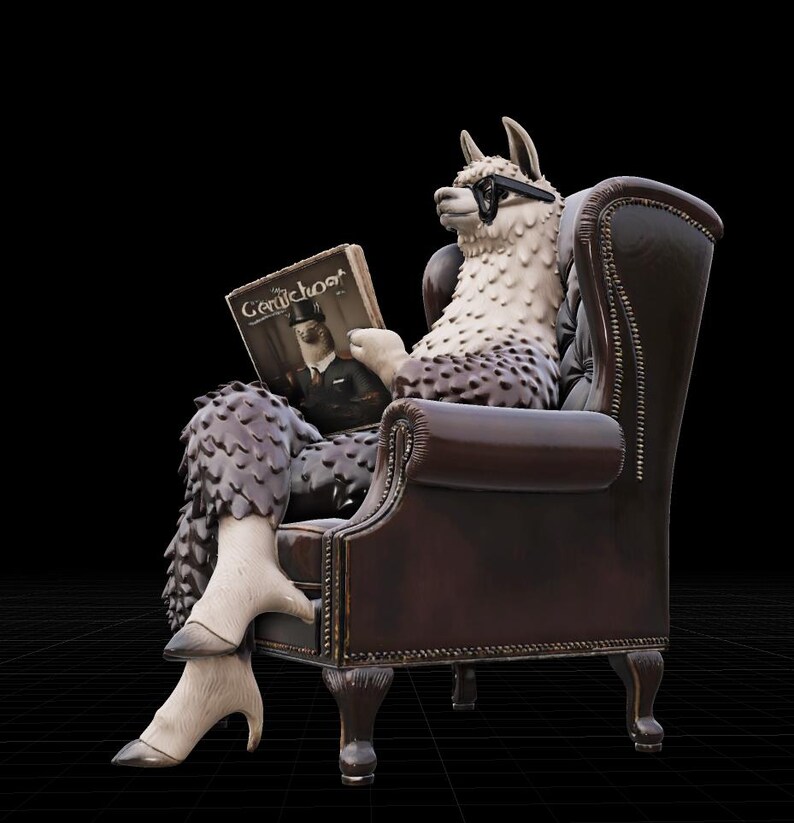 May include: A whimsical sculpture of a llama wearing glasses, seated in a brown leather armchair, reading a magazine titled "Gentlechoo". The llama has a white and brown spotted body and is set against a black background.