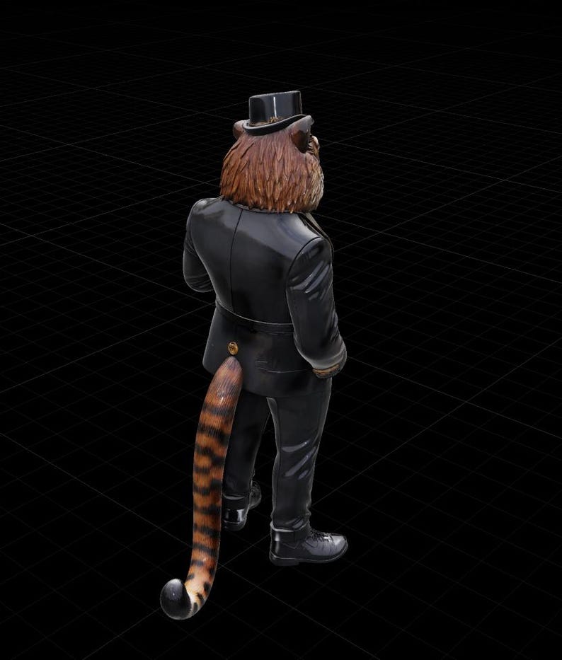 Peut inclure: Figurine d'une cr&eacute;ature ressemblant &agrave; un tigre, v&ecirc;tue d'un costume noir et d'un chapeau haut de forme. La figurine a une queue ray&eacute;e marron et noire et des chaussures noires. Le fond est une grille noire.