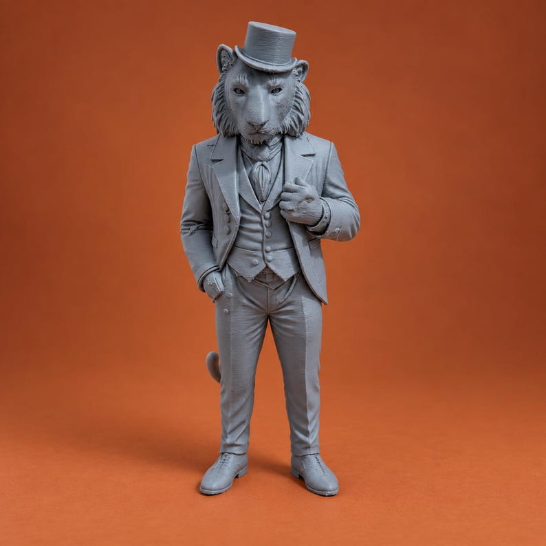 May include: A gray monochromatic figurine of an anthropomorphic lion wearing a formal three-piece suit, a cravat, and a top hat. The lion stands in a relaxed pose with one hand tucked into a trouser pocket and the other resting on the chest.