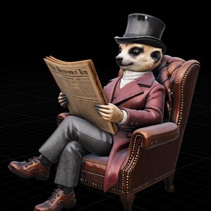 May include: A meerkat figurine wearing a black top hat, a white collared shirt, and a maroon blazer, sitting in a brown tufted leather armchair. The meerkat holds a newspaper titled The Illustrated Ten and wears grey trousers with brown dress shoes.