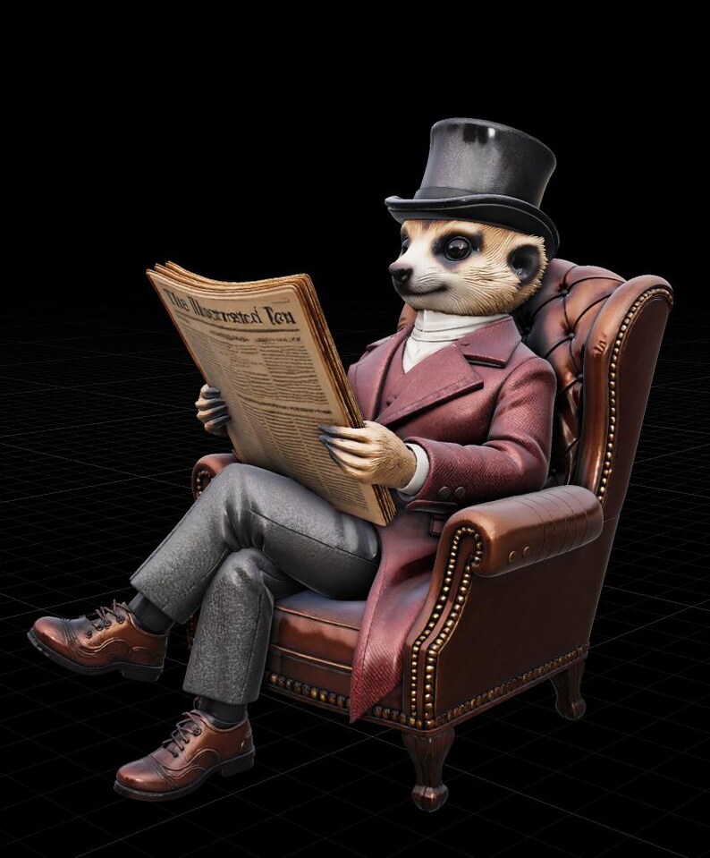 May include: A meerkat figurine wearing a black top hat, a white collared shirt, and a maroon blazer, sitting in a brown tufted leather armchair. The meerkat holds a newspaper titled The Illustrated Ten and wears grey trousers with brown dress shoes.