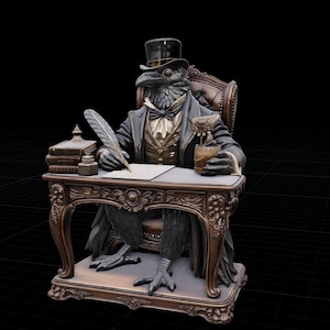 May include: A bronze-toned figurine of a raven dressed in a formal suit, top hat, and monocle, seated at an ornate desk. The raven holds a quill pen over a piece of paper, with a stack of books, an inkwell, and a small potted plant on the desk.