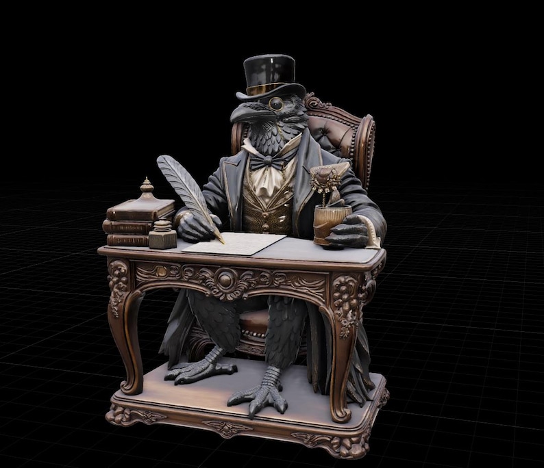 May include: A bronze-toned figurine of a raven dressed in a formal suit, top hat, and monocle, seated at an ornate desk. The raven holds a quill pen over a piece of paper, with a stack of books, an inkwell, and a small potted plant on the desk.