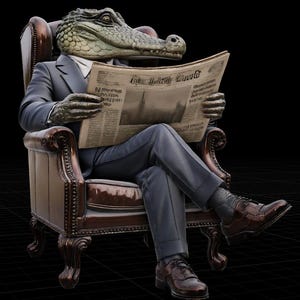 May include: A sculpture of an alligator-headed figure in a suit, seated in a brown leather armchair, reading a newspaper. The alligator has a detailed, textured head and is wearing a dark suit with a white shirt. The newspaper has text.