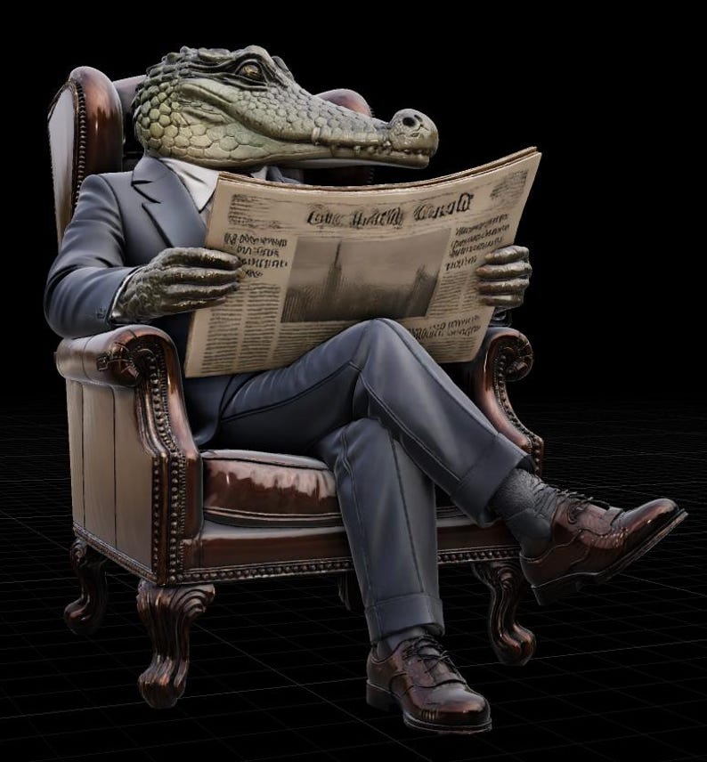 May include: A sculpture of an alligator-headed figure in a suit, seated in a brown leather armchair, reading a newspaper. The alligator has a detailed, textured head and is wearing a dark suit with a white shirt. The newspaper has text.