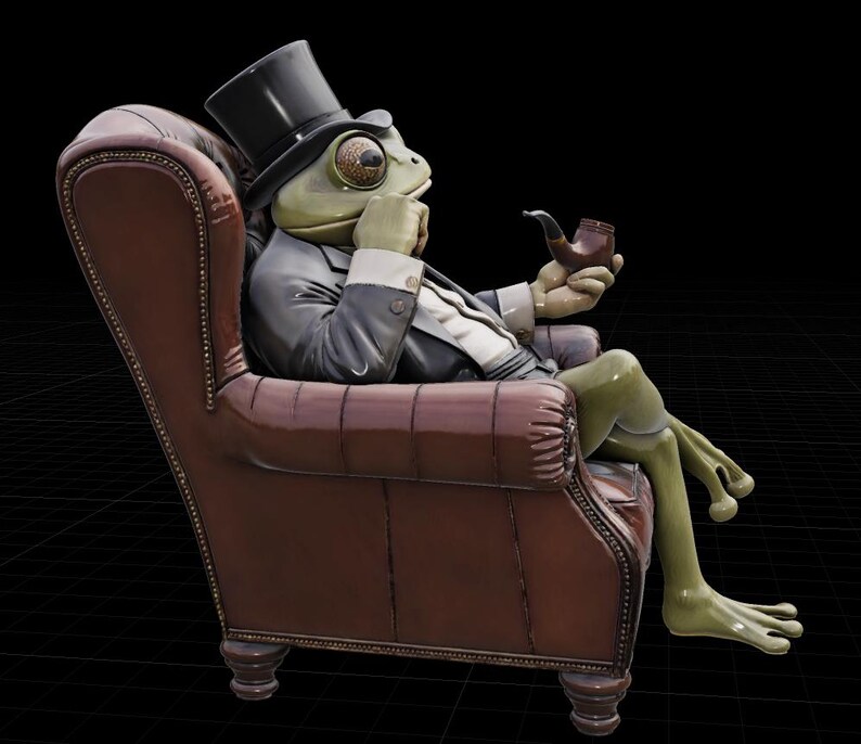 May include: A quirky sculpture of a frog in a suit and top hat, seated in a brown leather armchair. The frog is holding a pipe and appears to be deep in thought. The sculpture has a detailed, realistic appearance.