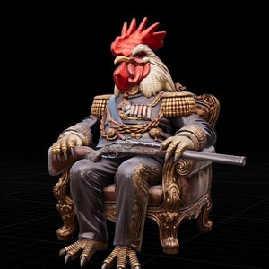 May include: A detailed sculpture of a rooster with a red comb and wattle, wearing a military uniform and seated in an ornate chair. The rooster holds a rifle and has gold-colored claws. The uniform features gold trim and medals. The background is black.