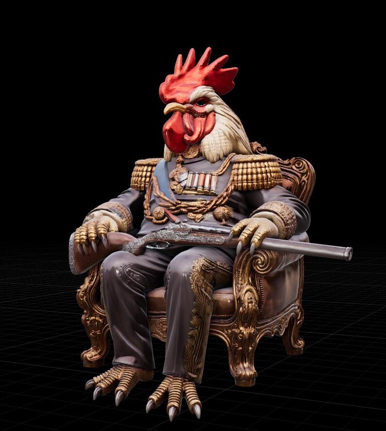 May include: A detailed sculpture of a rooster with a red comb and wattle, wearing a military uniform and seated in an ornate chair. The rooster holds a rifle and has gold-colored claws. The uniform features gold trim and medals. The background is black.