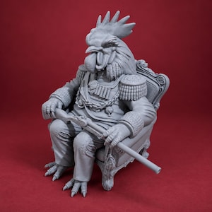 May include: A gray resin figurine of an anthropomorphic rooster dressed in a military-style uniform with epaulets, medals, and a sash. The figure is seated in an ornate chair, holding a long-barreled firearm across its lap with clawed feet.