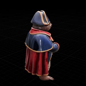 May include: A figurine of a bear dressed in a blue and red military-style uniform with a matching hat. The bear is standing with its hands clasped in front of it. The uniform has gold trim.