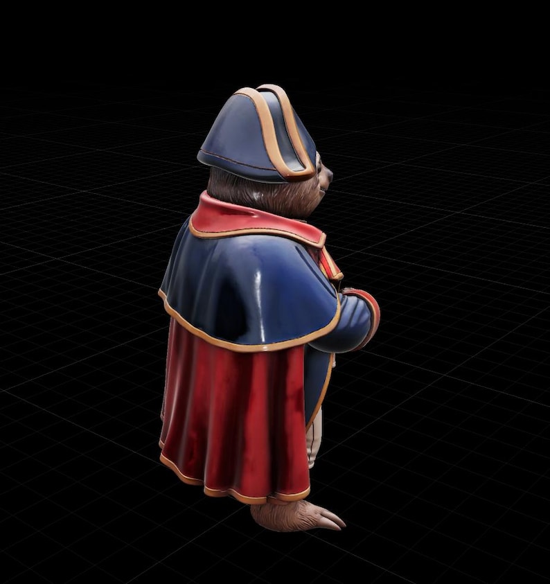 May include: A figurine of a bear dressed in a blue and red military-style uniform with a matching hat. The bear is standing with its hands clasped in front of it. The uniform has gold trim.
