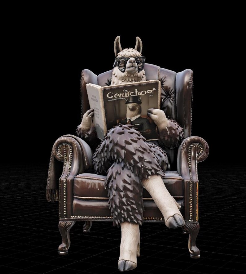 May include: A whimsical sculpture of a llama wearing glasses, seated in a brown leather armchair, engrossed in a book titled "Geruchlos". The llama is depicted with detailed fur and hooves, creating a unique and artistic piece.