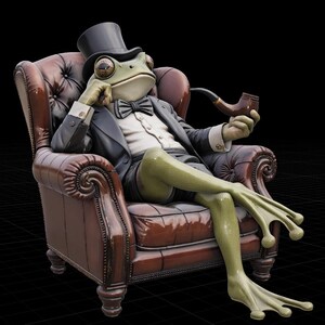 May include: A detailed sculpture of a frog in formal attire, including a top hat and tuxedo, seated in a brown leather armchair. The frog is holding a pipe. The sculpture has a realistic appearance and is set against a black background.