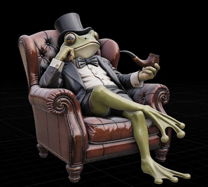 May include: A detailed sculpture of a frog in formal attire, including a top hat and tuxedo, seated in a brown leather armchair. The frog is holding a pipe. The sculpture has a realistic appearance and is set against a black background.