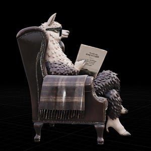 May include: A whimsical sculpture of an alpaca wearing glasses, seated in a brown leather armchair, engrossed in reading a book. A plaid blanket rests on the chair. The alpaca's fur is white and gray.