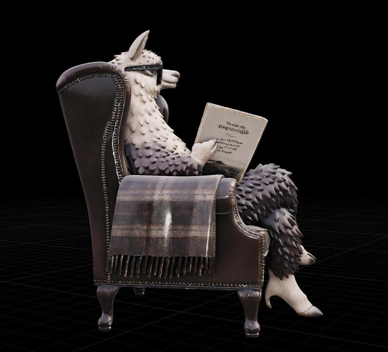 May include: A whimsical sculpture of an alpaca wearing glasses, seated in a brown leather armchair, engrossed in reading a book. A plaid blanket rests on the chair. The alpaca's fur is white and gray.