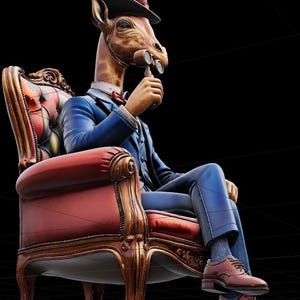 May include: A whimsical digital art piece featuring a horse-headed figure in a blue suit, top hat, and monocle, seated in a red armchair with gold trim. The figure is holding a small object, possibly a pipe.